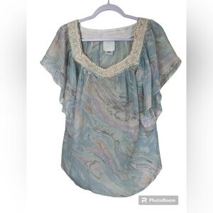 Anna Sui Anthropologie 100% Silk Short‎ Sleeve Blouse Suminagashi Size XS